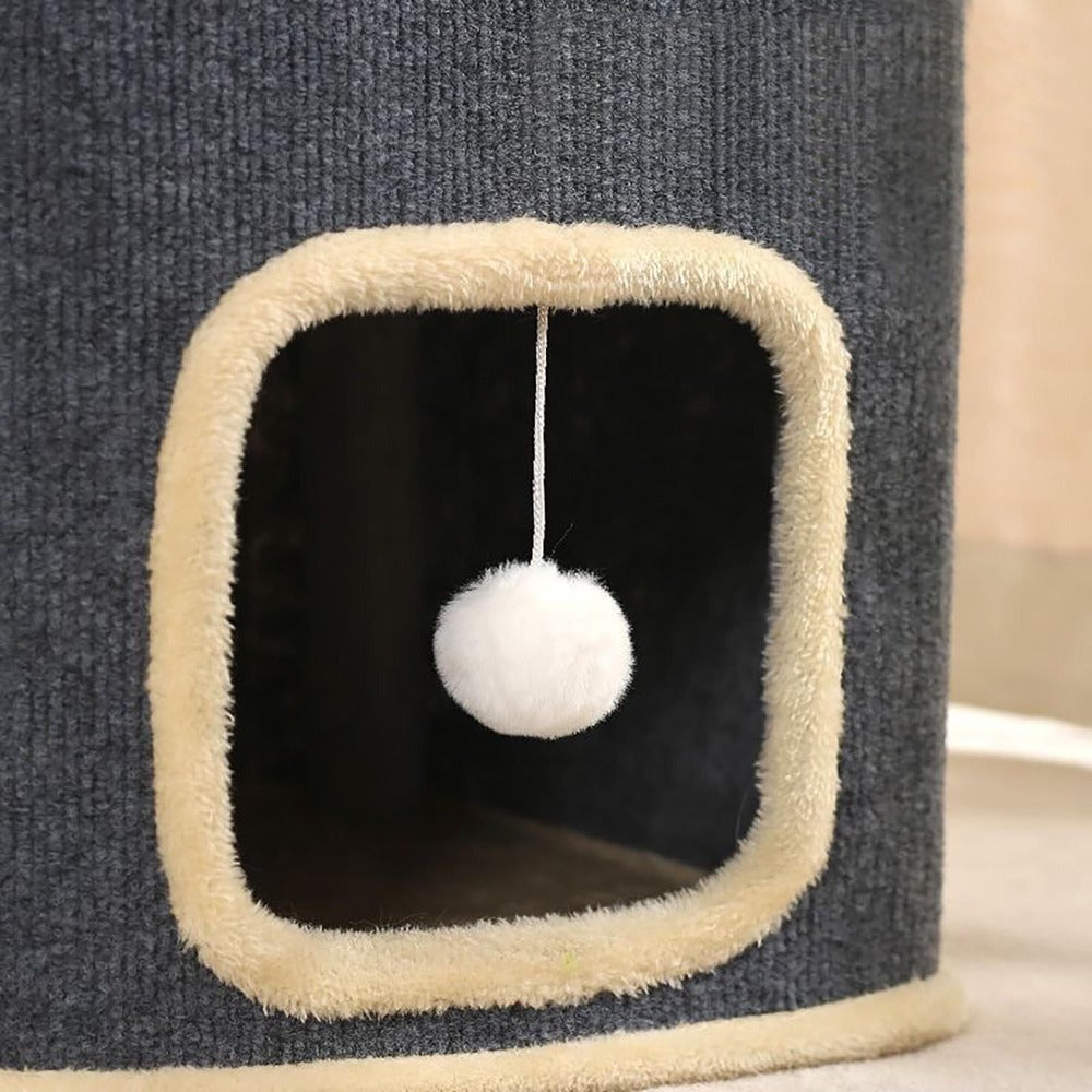 Nido Felino de Dos Niveles, Cueva Interior para Gatos, Túnel para Gatos con Alfombra Rascadora y Cubo Escondido, Adorable Condominio Contemporáneo para Gatos, Muebles Adecuados para Varios Gatitos, Diseño Expandible