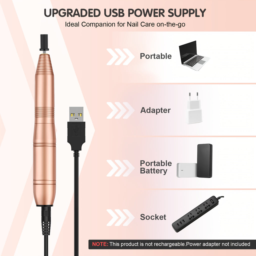 Juego de Taladro Eléctrico para Uñas con 20,000 RPM, Alimentado por USB, Incluye Anillos de Molienda y Cabezales de Repuesto, Ideal para Arte de Uñas de Salón y Entusiastas del Nail Art (Rosa/Dorado)