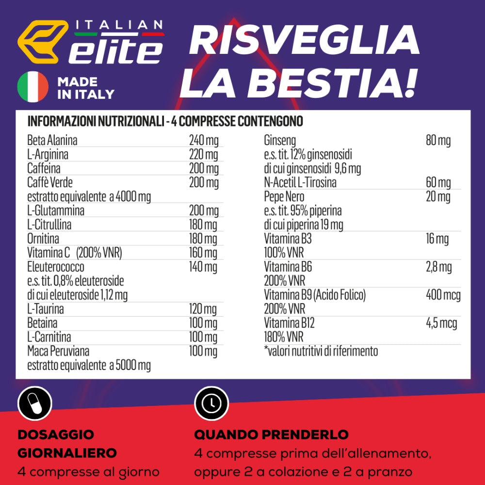 Italian Elite® Suplemento de Energía, Fuerza y Concentración para Entrenamiento – 120 Tabletas con Beta Alanina, Argina, Cafeína, Glutamina, Carnitina y Vitaminas