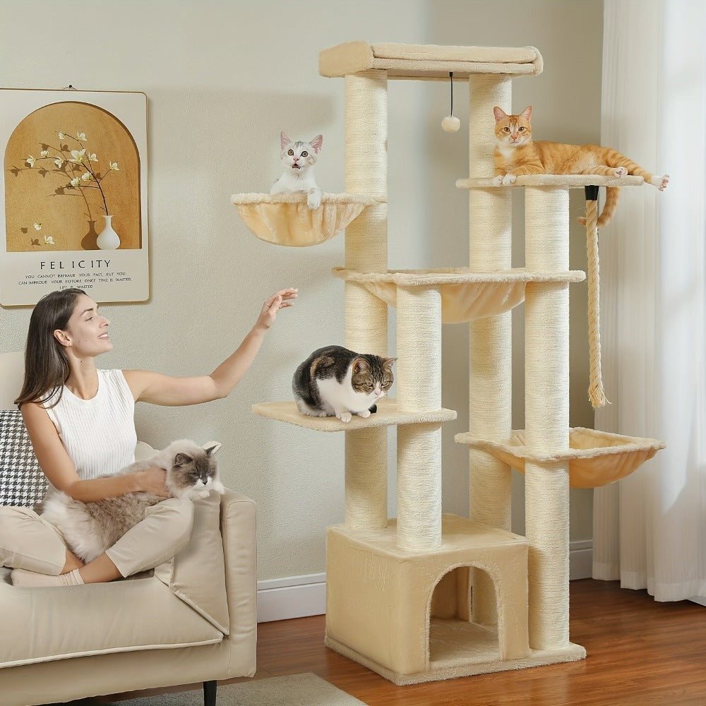 Árbol para Gatos Grande - Torre para Gatos de 170 cm de Altura para Gatos Adultos de Interior con 13 Postes de Rascado Negros Gruesos (10.9 cm), Condominio para Gatos de Múltiples Niveles, Plataforma Súper Grande y Hamacas para Maine Coon de 9 kg