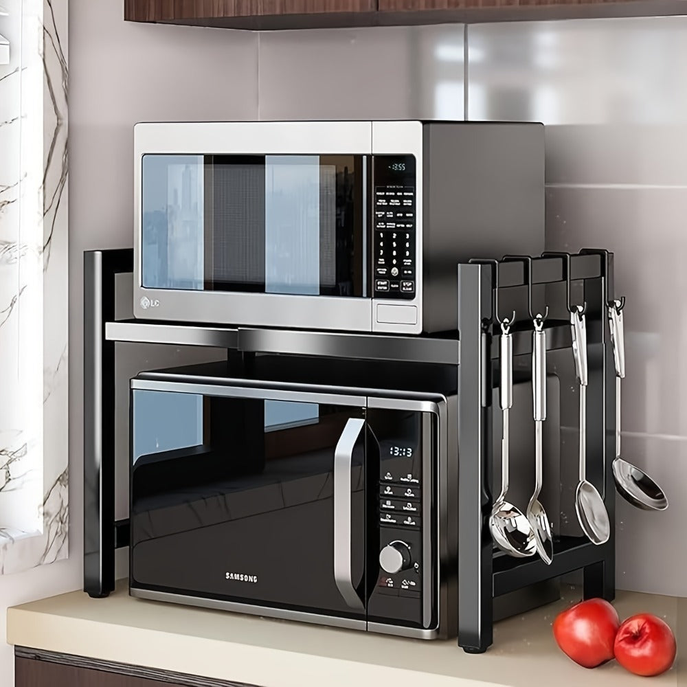 Estante de microondas extensible, estante de microondas de 2 niveles con 3 toallas, 5 ganchos, soporte para palillos y estante para tabla de cortar, organizador de cocina, estante para hornear en microondas, encimera, extensible de 40-64 cm (Negro, Blanco