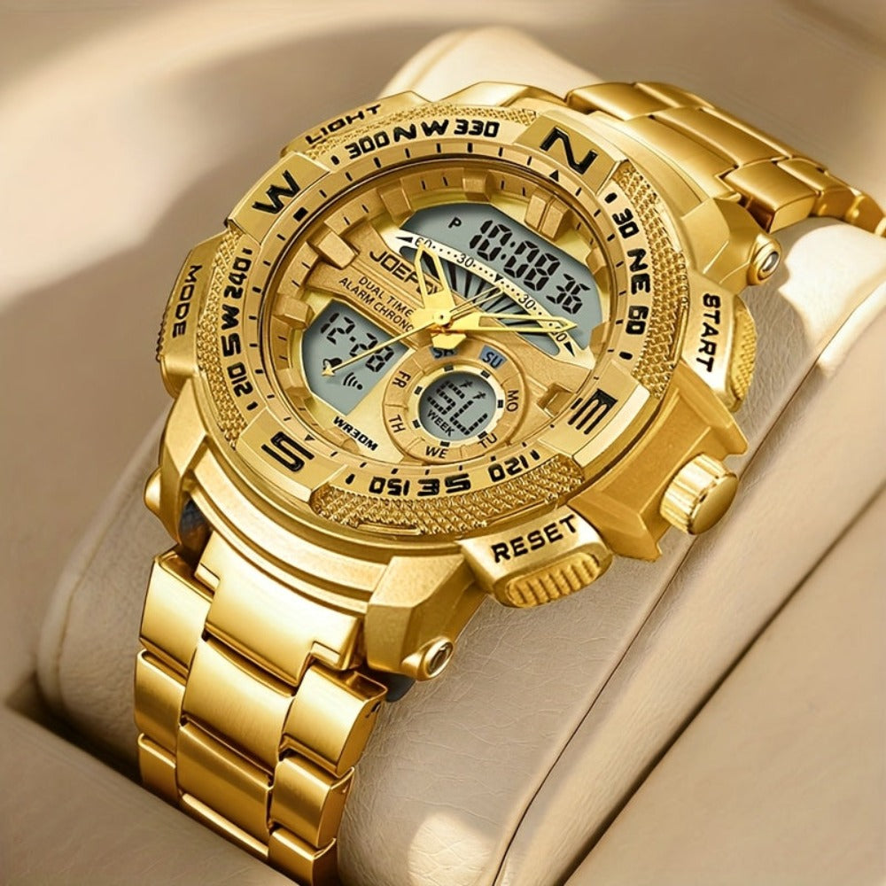 Reloj deportivo de lujo para hombre JOEFOX con doble pantalla - Esfera grande, luz nocturna LED, resistente al agua 3ATM, cronógrafo y alarma, reloj de pulsera estilo campo para hombre