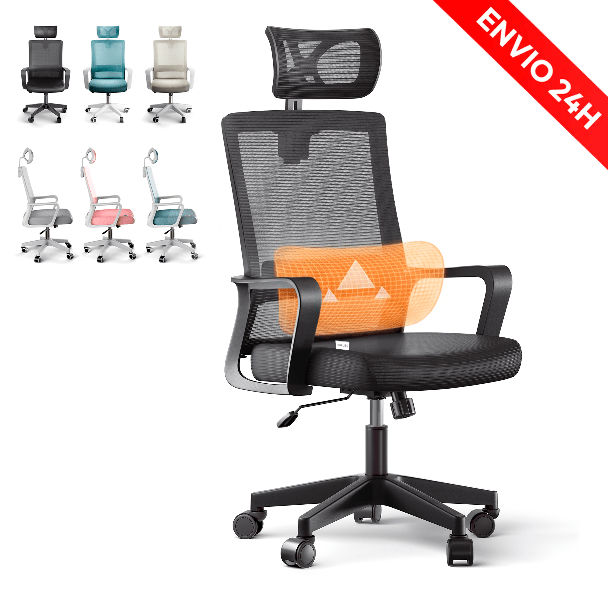 RELAXTY Silla de Oficina Ergonómica – Ajustable y Reclinable con Reposacabezas, Soporte Lumbar, Malla Transpirable y Ruedas 360° | Soporta Hasta 100 kg