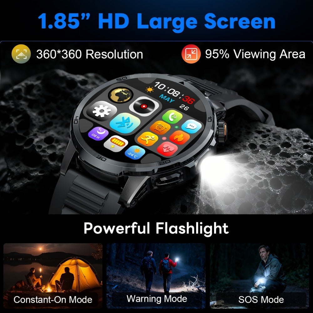 Reloj Inteligente LIGE para Hombres con Llamadas, Batería de 1000mAh/Linterna/Dos Cables de Carga, Pantalla HD Grande de 1.85 Pulgadas, Reloj de Fitness con 100+ Modos Deportivos, Monitor de Sueño IPX8 para Android e IOS