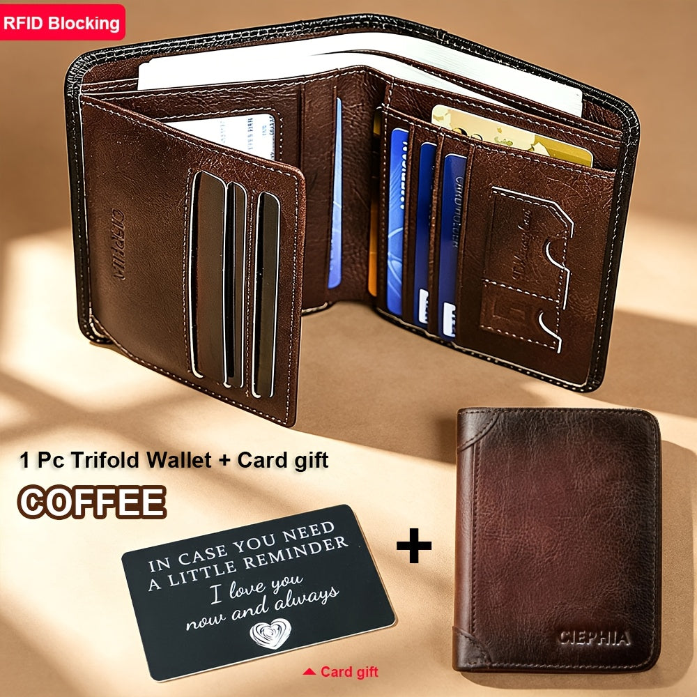 Cartera de Cuero Genuino para Hombre con Juego de Tarjetas de Bendición, Bloqueo RFID, Ultra Delgada, Piel de Vaca de Primera Calidad, Porta Tarjetas de Identificación y Crédito Multifuncional Compacto, Regalo para Navidad, Día de San Valentín y Día del P