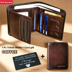Cartera de Cuero Genuino para Hombre con Juego de Tarjetas de Bendición, Bloqueo RFID, Ultra Delgada, Piel de Vaca de Primera Calidad, Porta Tarjetas de Identificación y Crédito Multifuncional Compacto, Regalo para Navidad, Día de San Valentín y Día del P