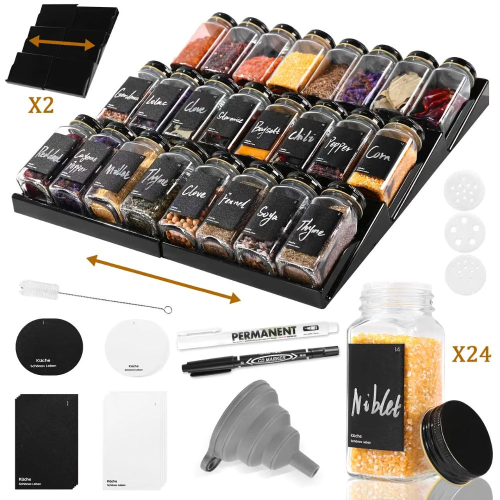 Organizador de gaveta ajustable Miorkly con 24 botellas de especias de vidrio y etiquetas - Se adapta a todas las gavetas, solución de almacenamiento duradera para la cocina para especias, hierbas y condimentos, frascos de especias.