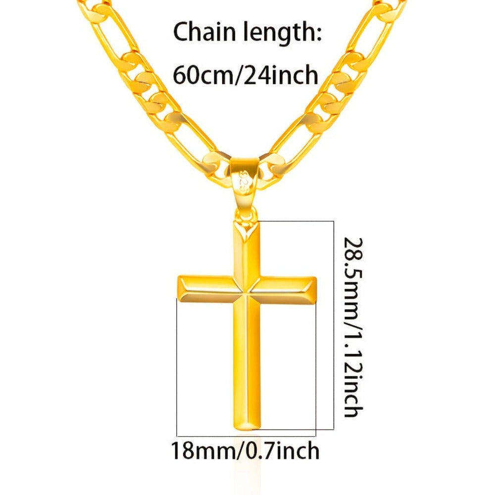 Collar con colgante para hombre de plata 925, cadena Figaro minimalista chapada en oro de 18K con colgante de cruz 3D, regalo perfecto para él, regalo para el Día del Padre, en caja de regalo