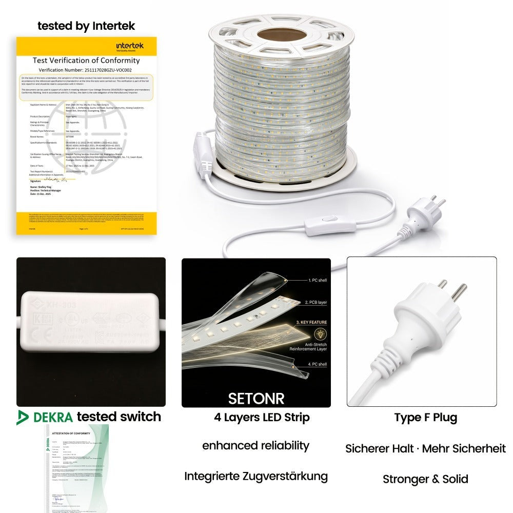 Tiras de luces LED súper brillantes AC 220V 230V | Cinta adhesiva de 120 LED/m, Cinta LED para lámpara exterior, Blanco o Blanco Cálido para cocina, jardín, decoración de habitaciones del hogar, Iluminación interior con enchufe de alimentación europeo | M