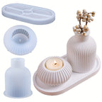 Juego de 3 moldes ovalados de silicona aptos para fundición de resina y manualidades con velas - Crea tu propio jarrón de flores a rayas y portavelas de bandeja. Estos moldes reutilizables para yeso y arcilla presentan un diseño acanalado inspirado en la