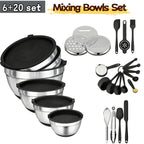 26 tazones para ensalada con tapas, 6 tazones mezcladores de acero inoxidable, 3 accesorios de cuchillo mezclador, 17 herramientas de cocina prácticas, antideslizantes, gadgets de cocina resistentes al óxido para ensaladas y más