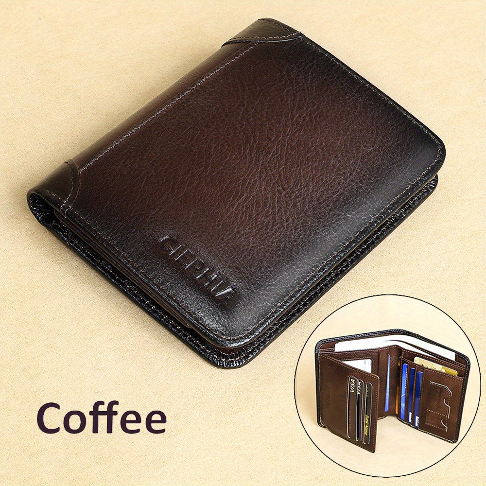 Cartera de Cuero Genuino para Hombre con Juego de Tarjetas de Bendición, Bloqueo RFID, Ultra Delgada, Piel de Vaca de Primera Calidad, Porta Tarjetas de Identificación y Crédito Multifuncional Compacto, Regalo para Navidad, Día de San Valentín y Día del P
