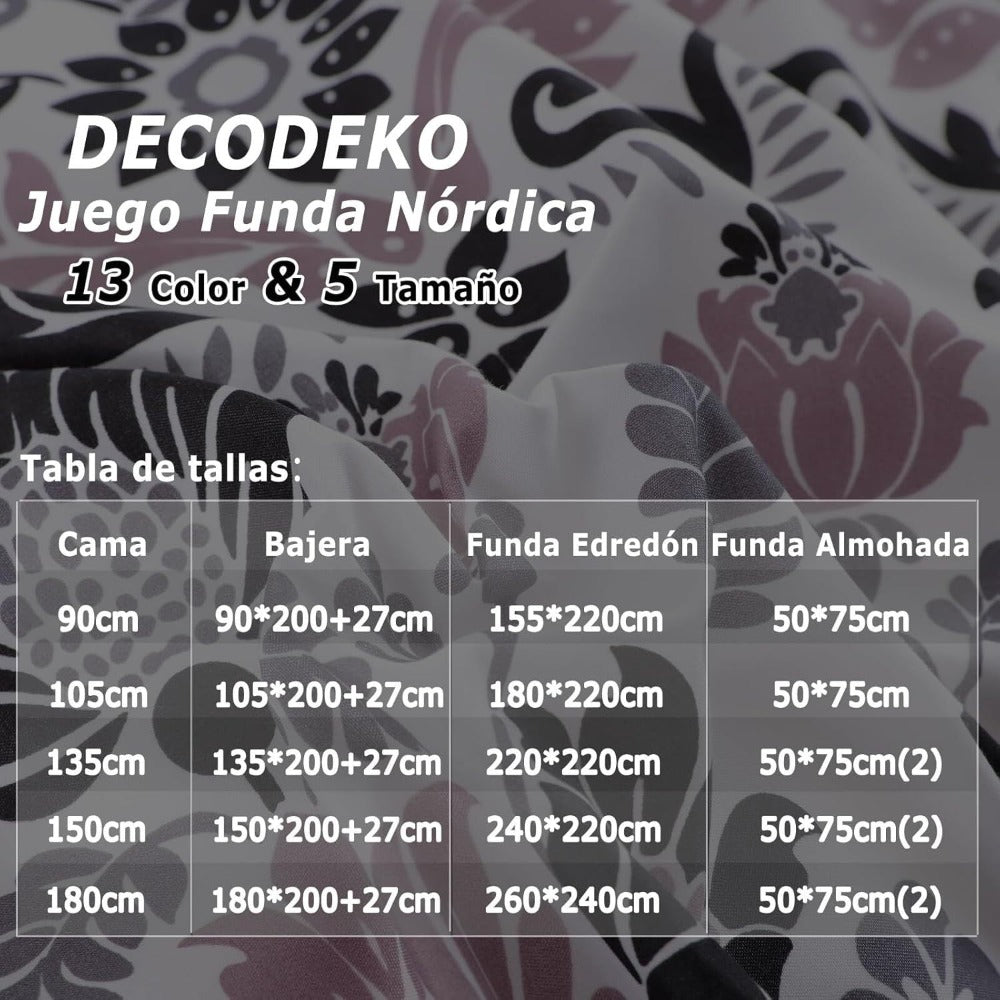 Juego de cama 4 piezas con funda elástica, (Funda de Edredón + Funda Protectora de Colchón + 1/2 Fundas de Almohada), Juego de Funda de Edredón 3-4 Piezas Estilo Nórdico de Color Sólido/Estampado, Ajustable para Camas de 90/105/135/150/180 cm, Regalo Navi