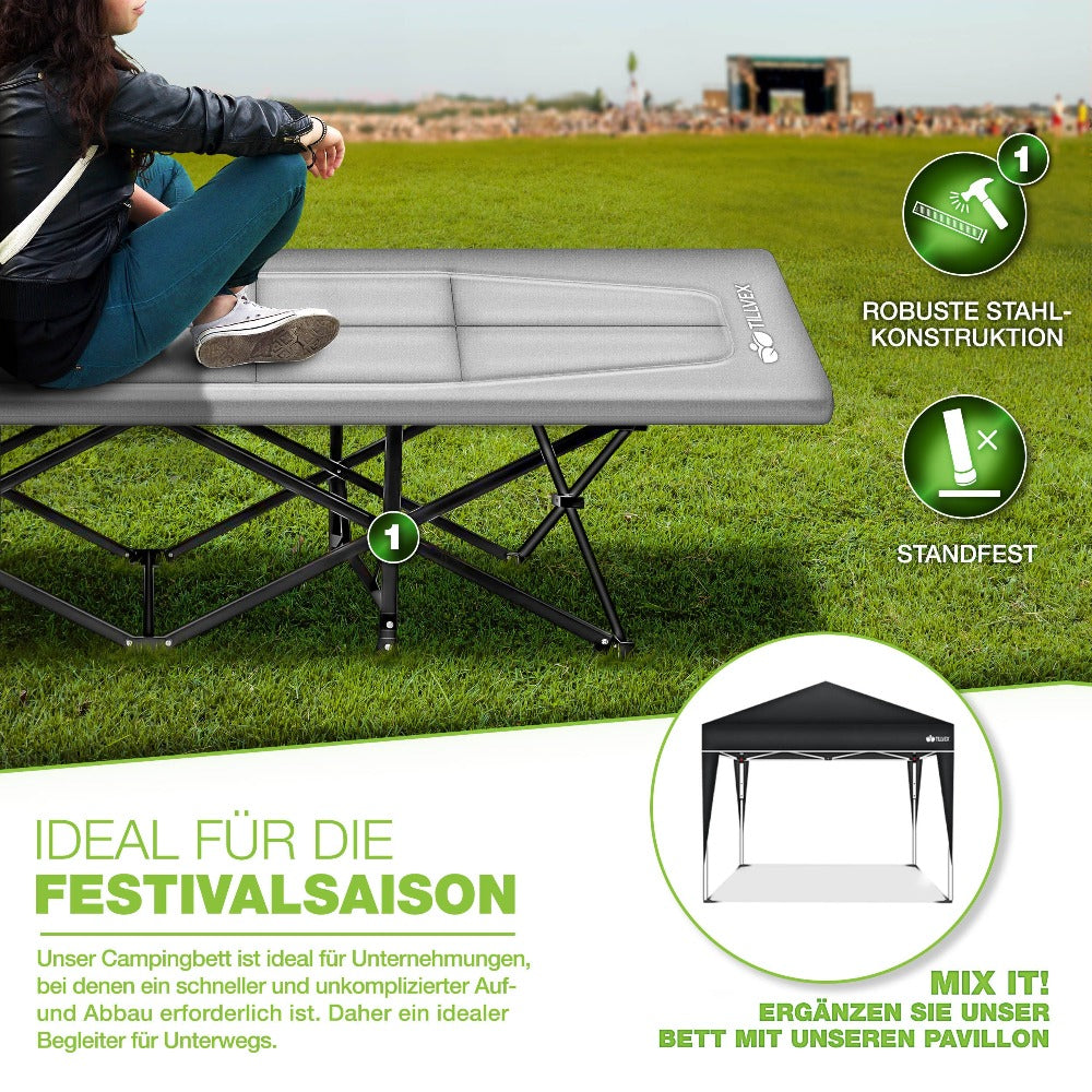 Tillvex® Cama Plegable para Camping con Bolsa de Transporte, Soporta Hasta 200 kg, Cama Extra Ancha para Camping, Cama de Campaña, Cama de Pesca para Uso en Exteriores e Interiores, Cama Plegable para Invitados, Portátil para Jardín, Camping, Pesca, Festi