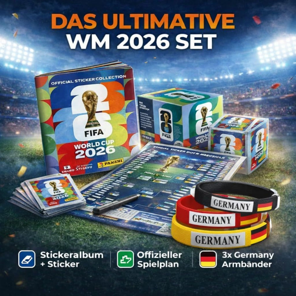 Set de coleccionista TK XXL Copa del Mundo 2026 – Álbum de pegatinas Panini con pegatinas, calendario de partidos y 3 pulseras de Alemania