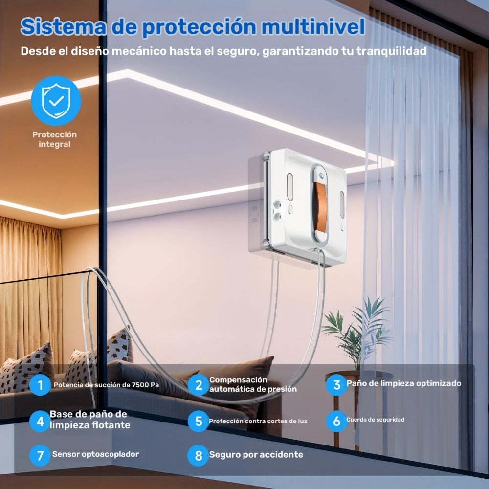 Robot de limpieza de ventanas cuadrado, producto electrónico inteligente 2025, succión grande de 7.5Kpa, planificación de camino inteligente, sistema de protección de seguridad de 8 capas, limpieza de bordes, la esponja se puede lavar y usar, boquillas de