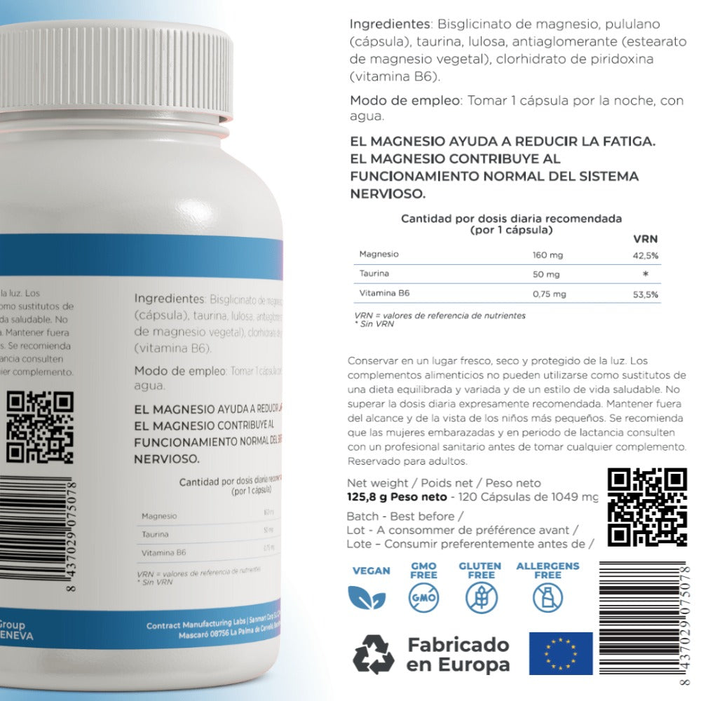 Magnesio Bisglicinato Vitamina B6 | 120 cápsulas | BioActiveLabs® | Fabricado en Europa GMP.
