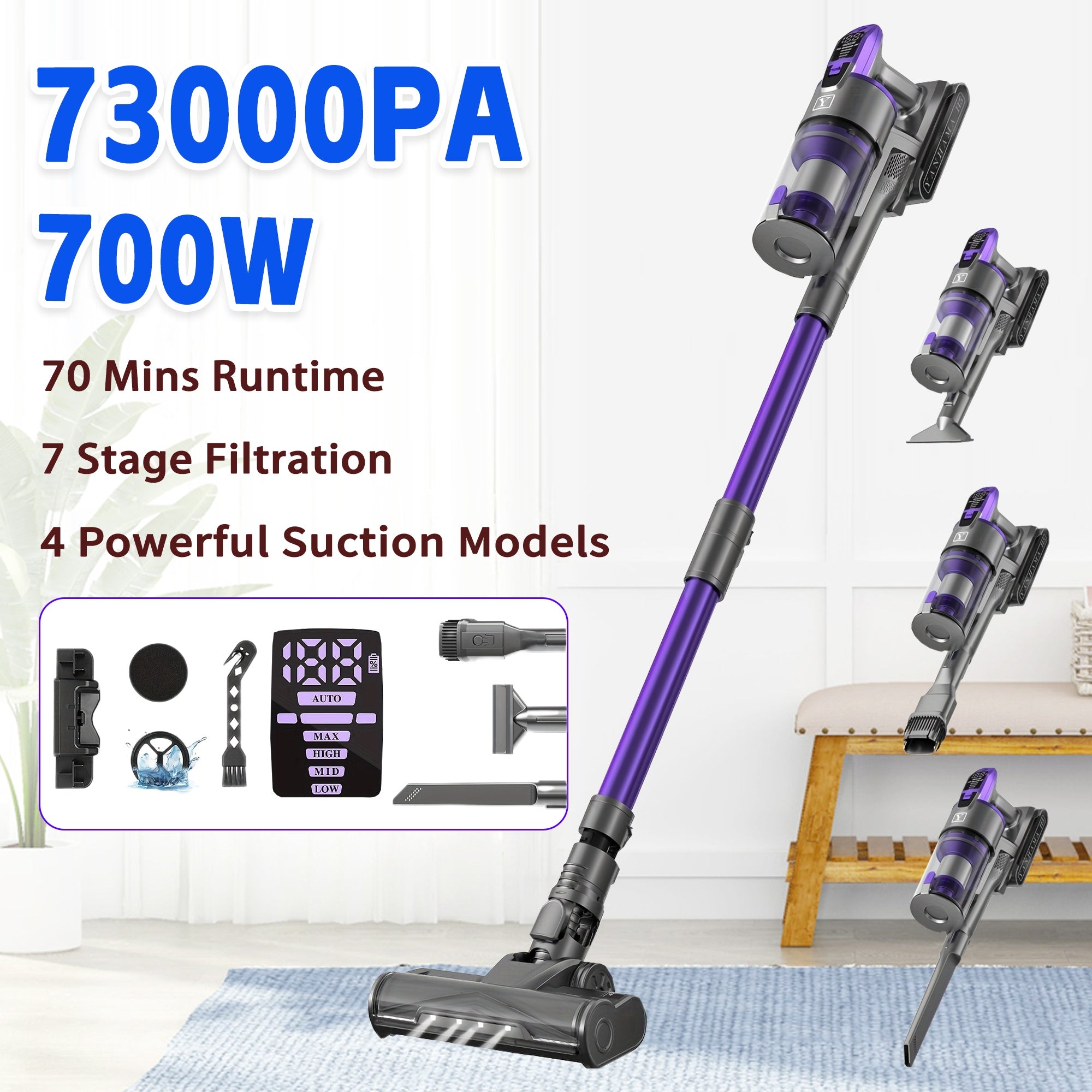 Aspiradora escoba | Aspiradora Inalámbrica de Alta Eficiencia 650-700W, 65-73KPA, Potente Succión, Eliminador de Pelo de Mascotas para Todas las