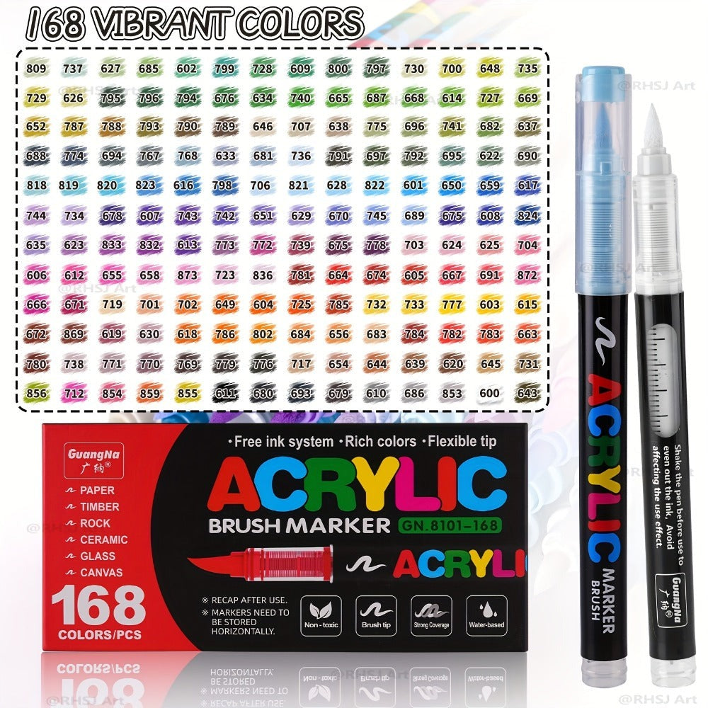 Rotulador de 168 colores con punta de pincel suave, ideal para usar en roca, madera, lienzo, piedra, vidrio y cerámica - Punta anti-compresión para una aplicación suave - Perfecto para manualidades, regalos navideños y proyectos artísticos
