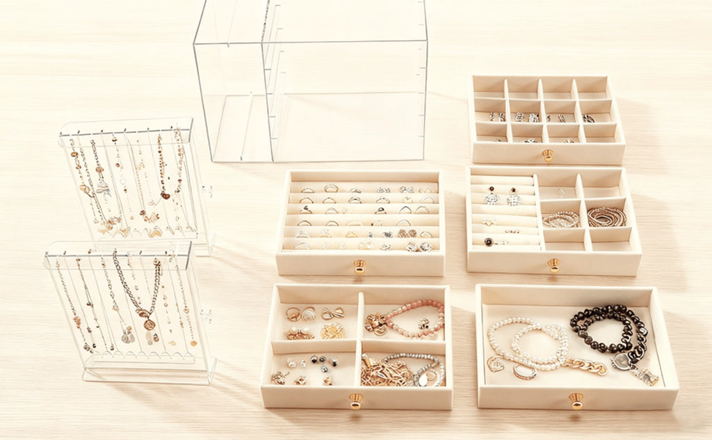 Caja de almacenamiento de joyas de gran capacidad con cajones y puerta lateral transparente, organizador multicapa para aretes, collares, anillos y pulseras, elegante solución de almacenamiento para tocador, joyeros