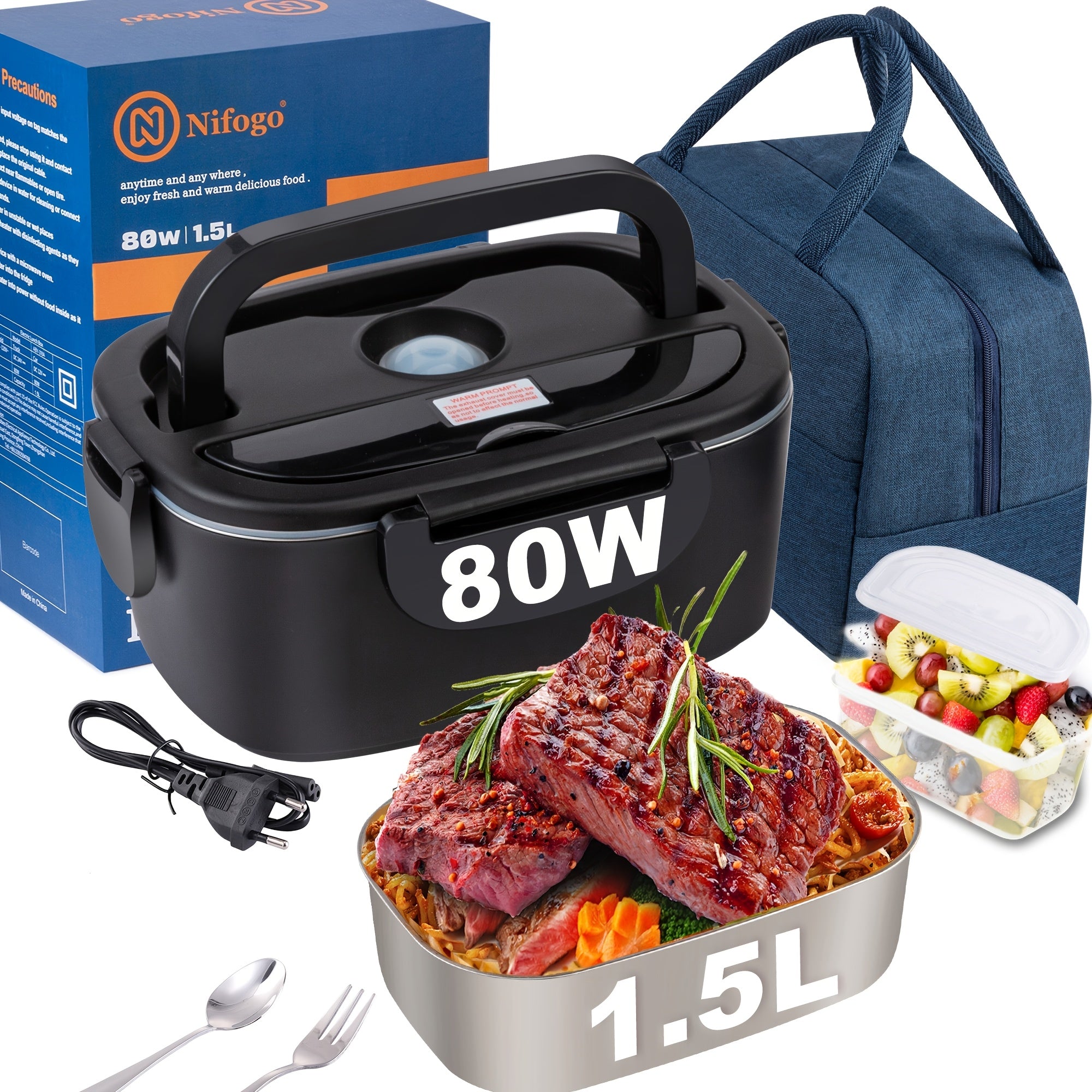 Fiambrera negra con una potencia de 80W, fabricada en acero inoxidable, ideal para empleados de oficina. Incluye un aislante y un juego de utensilios, tiene una capacidad de 1.5 litros y se puede utilizar en camiones y coches para calentar 