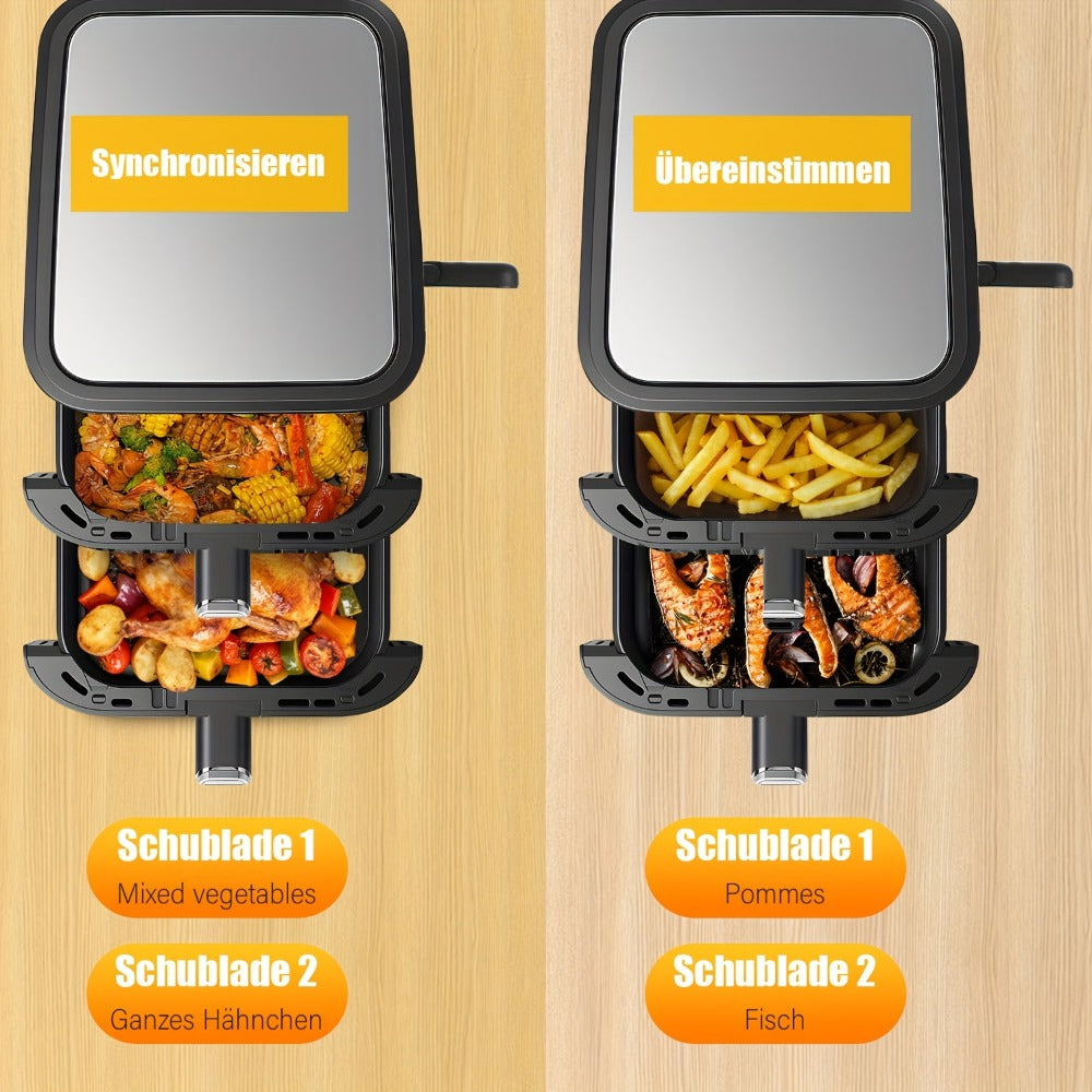 Freidora de Aire de 11L con Ventana de Fácil Visualización, Cajones Verticales Dobles, Cocción en 4 Niveles, Capacidad XXL - 2 Cestas de 5.5L, 2 Cajones y 2 Rejillas, Ahorro de Espacio, 10 Funciones, Sincronización y Compatibilidad, Libre d