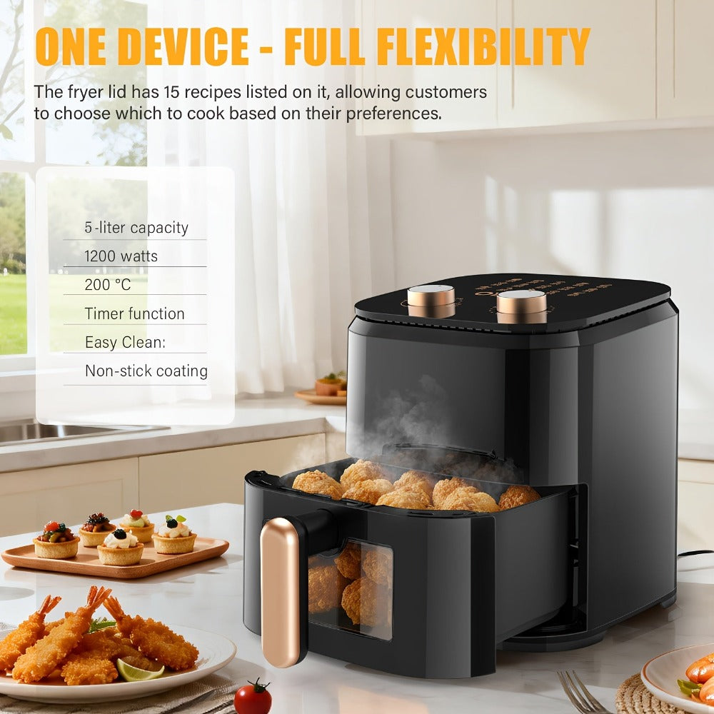 Freidora de Aire de 5L para 2-3 Personas, Freidora de Aire Pequeña con 15 Opciones de Menú, Temporizador Manual de Doble Perilla, Temporizador, Circulación Rápida de Aire 3D, Antiadherente, Cesta apta para Lavavajillas, Cocina Saludable sin