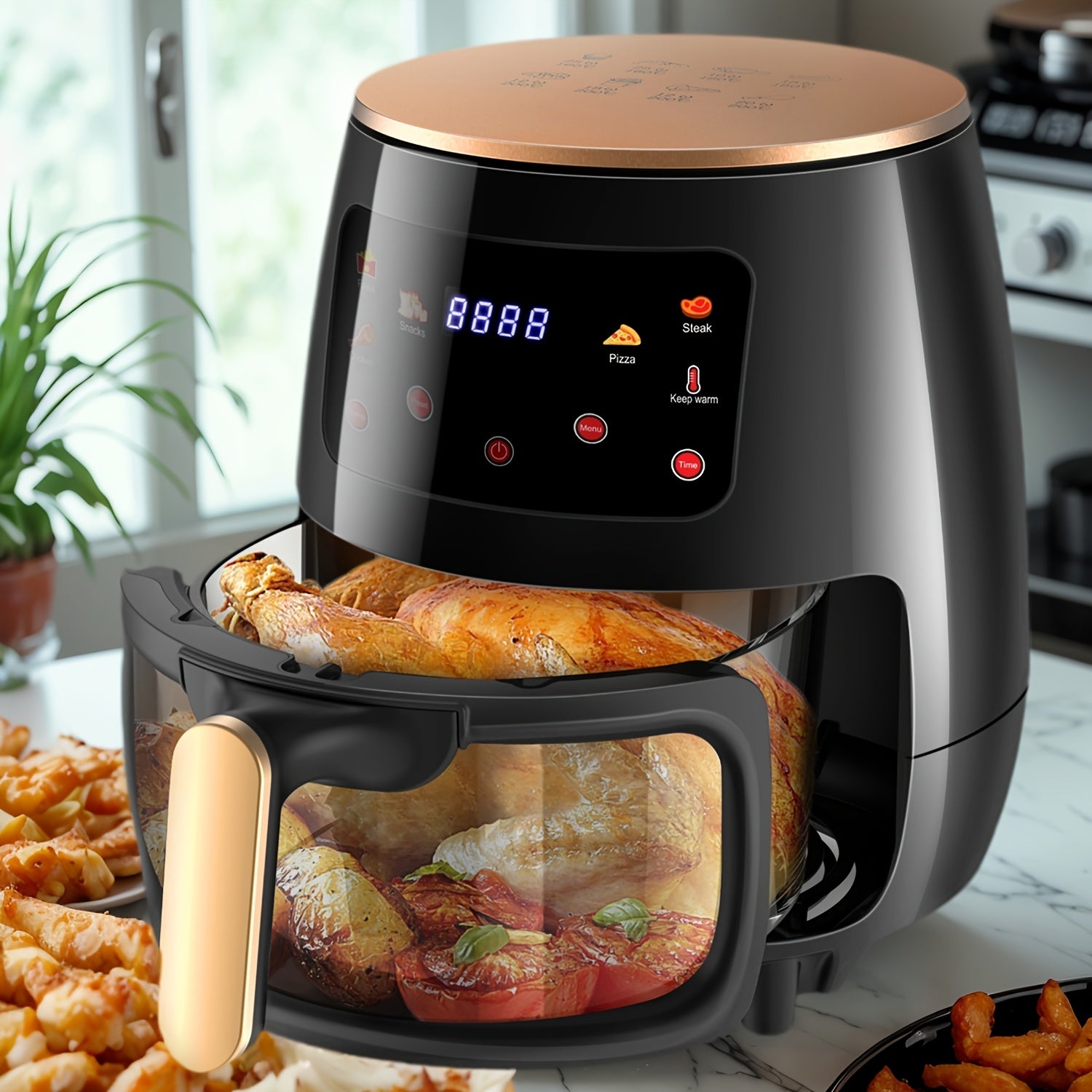 Freidora de Aire de 6.1 L | 6-1 Modos de Cocción Preestablecidos | Cazo de Freír Transparente para los Mejores Resultados de Cocina | Cocina Camarones, Bistec, Papas Fritas, Alitas, Pollo y Más | Control Preciso de Temperatura y Tiempo, Ces