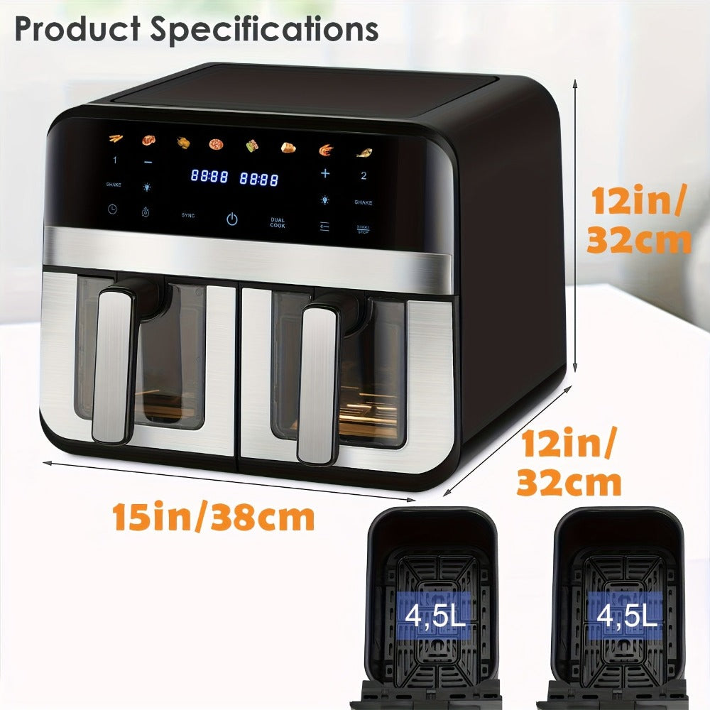 Freidora de Aire Dual de 9L con Ventana Visual, 8 Modos de Cocción, Pantalla Táctil, Display LED, Freidora Digital de Doble Zona con Libro de Recetas, Temporizador y Control de Temperatura, Antiadherente detail image