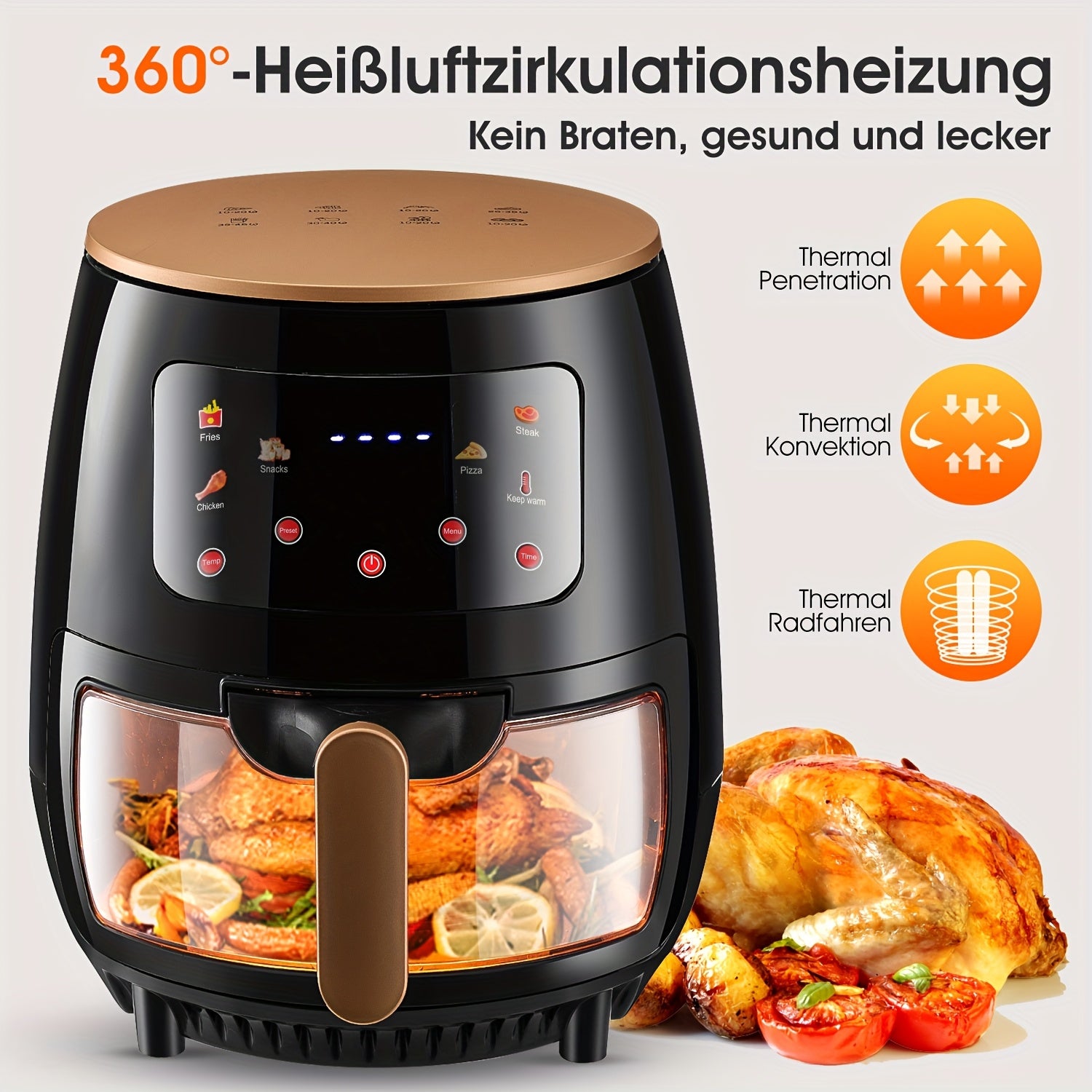 Freidora de aire multifunción 6 en 1 con pantalla táctil LED digital y ventana de visualización - 6 litros, cesta de acero inoxidable y bandeja crujiente, calentamiento/precocinado, fritura saludable sin aceite, cocción rápida de 1400 W (co