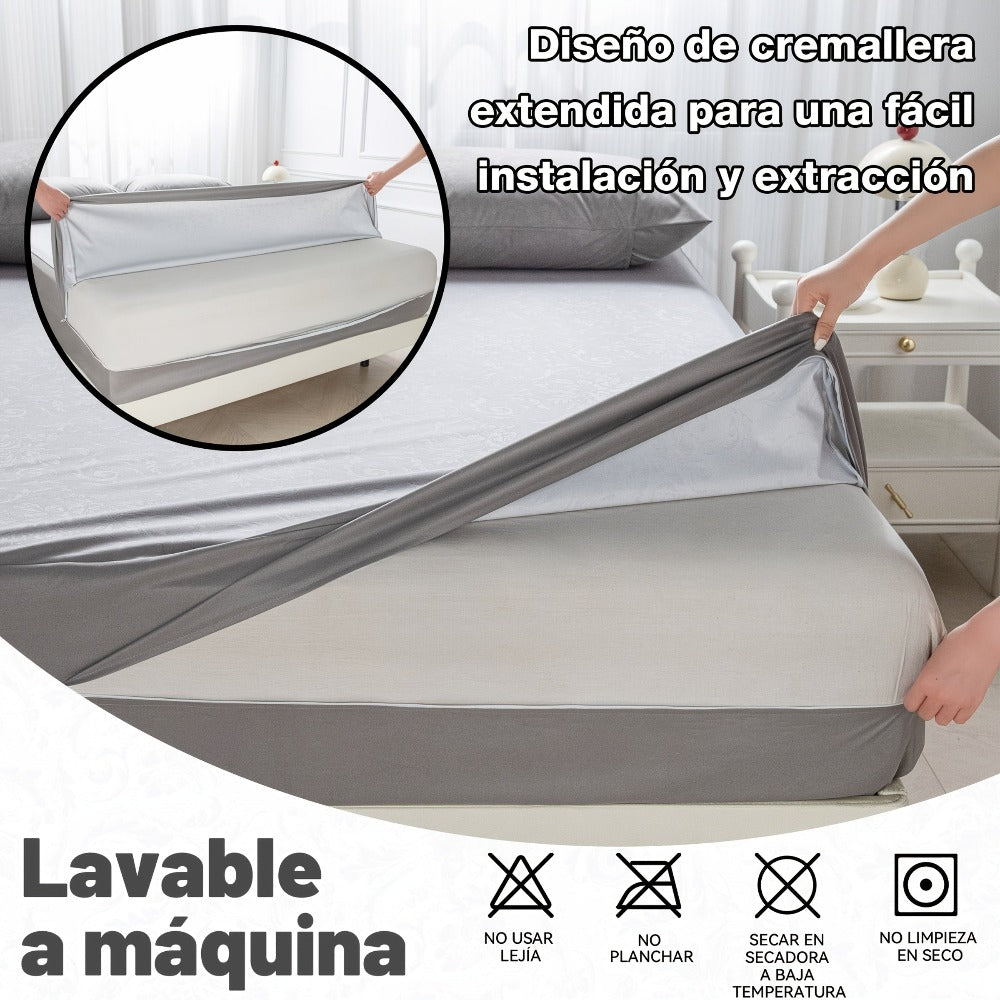 Funda de colchón con cremallera 100% impermeable que envuelve completamente el colchón en las seis caras, con un lujoso diseño para protección contra el polvo y líquidos, apta para colchones de alturas de 15/20/25/30 cm, disponible en blanc
