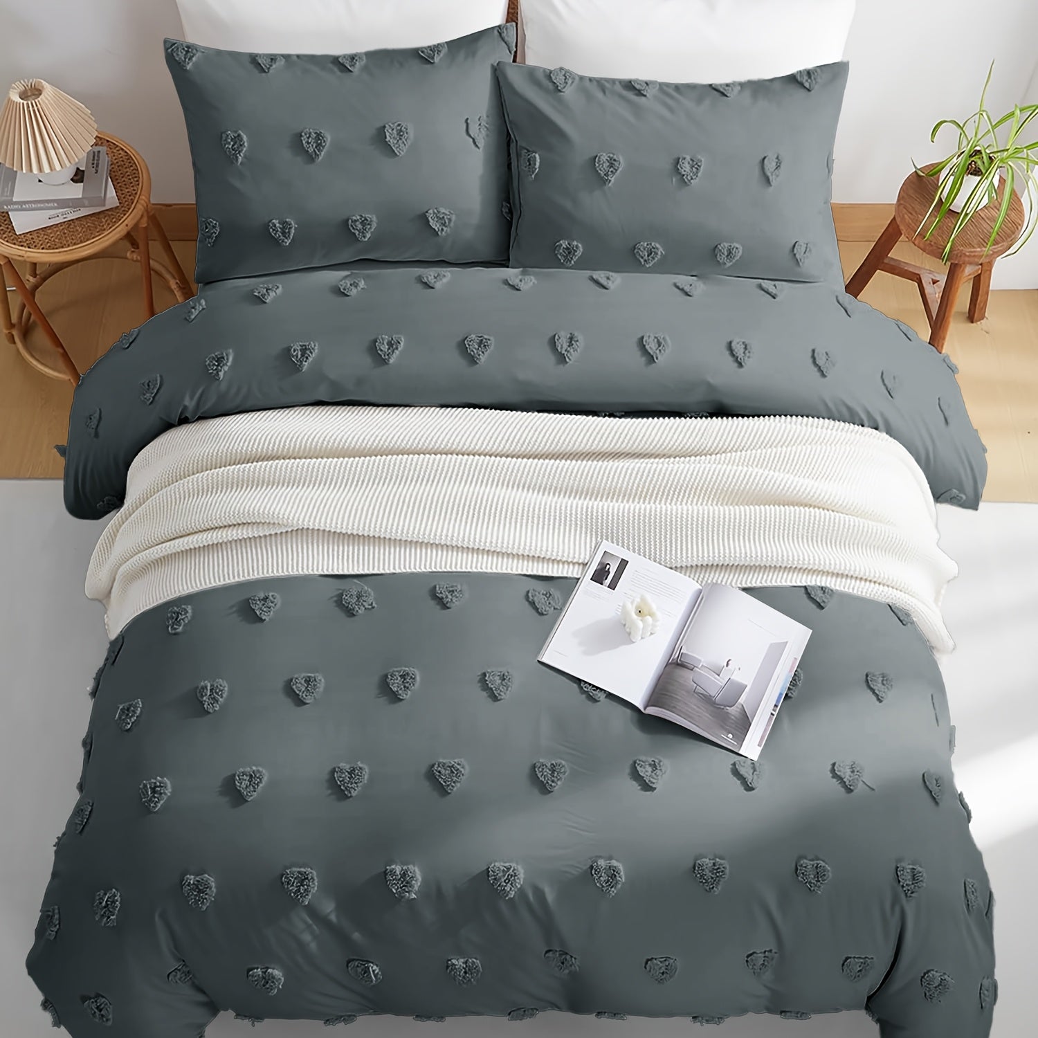 Funda de Edredón Bohemio Bordado con Corazón Boho con Microfibra de Felpa de Alta Calidad y Cremallera, Cómoda y Delicada para la Piel, Ropa de Cama Suave y a la Moda 135-220 Tamaños Variados Fundas de Almohada 80 * 80 variant image - produ