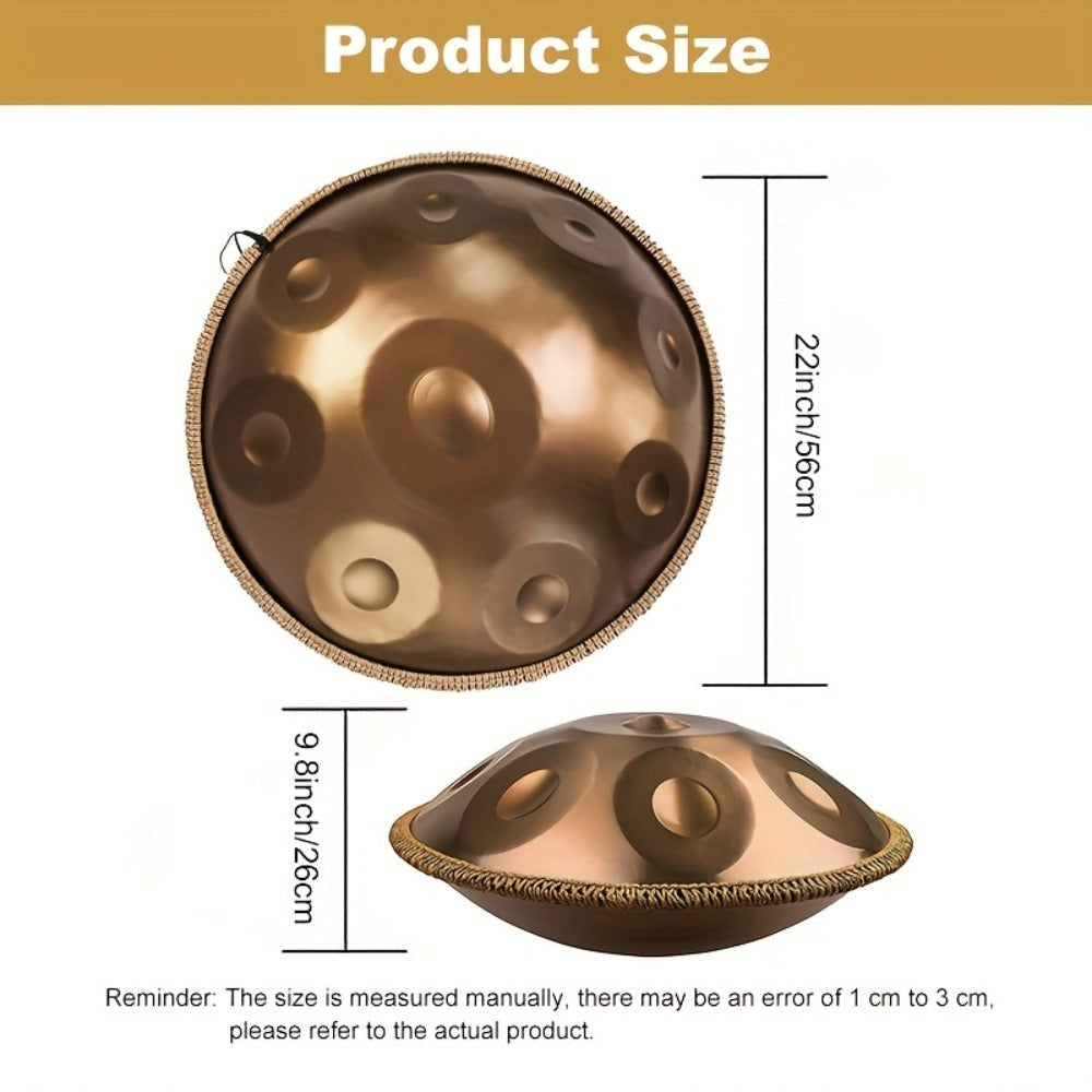 Handpan Tambor de 55.88 cm en Re Menor Kurdo, 440Hz con 9 Notas, Instrumento de Tambor Manual de Acero Premium, Instruccional para Meditación Musical con Bolsa de Tambor, Paño Antipolvo, Mazos, Soporte y Pegatinas Sonoras para Principiantes