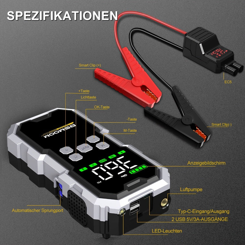 Inflador de neumáticos y arrancador de coche con compresor de aire, impulsor de batería de 8000A, power bank y luces LED. Esta caja de arranque automático de 12V es adecuada para todos los vehículos de gasolina o diésel de 10.0L y viene con