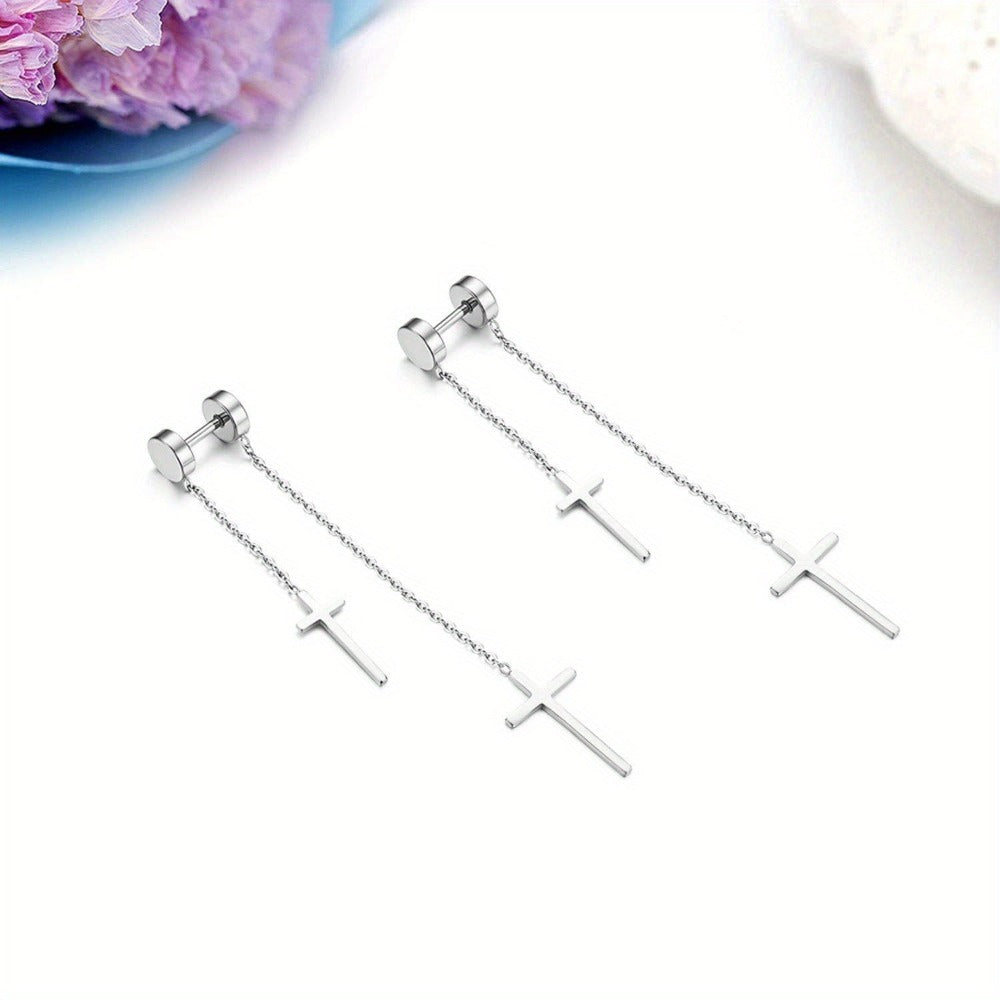 Jewelrywe Hombres Mujeres Aretes Acero Inoxidable con Doble Cruz Cadena Colgante Falso Tuerca Aretes Túnel Colgantes de Oreja para Piercing, Negro Dorado Plateado product image