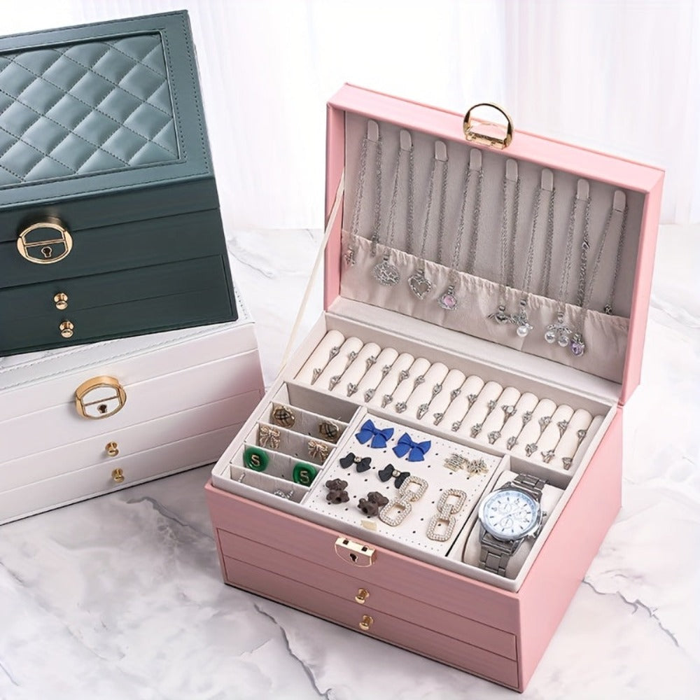 Joyero de tres capas de terciopelo y piel sintética, compacto y portátil para guardar aretes, anillos, collares y otros suministros para hacer joyas product image
