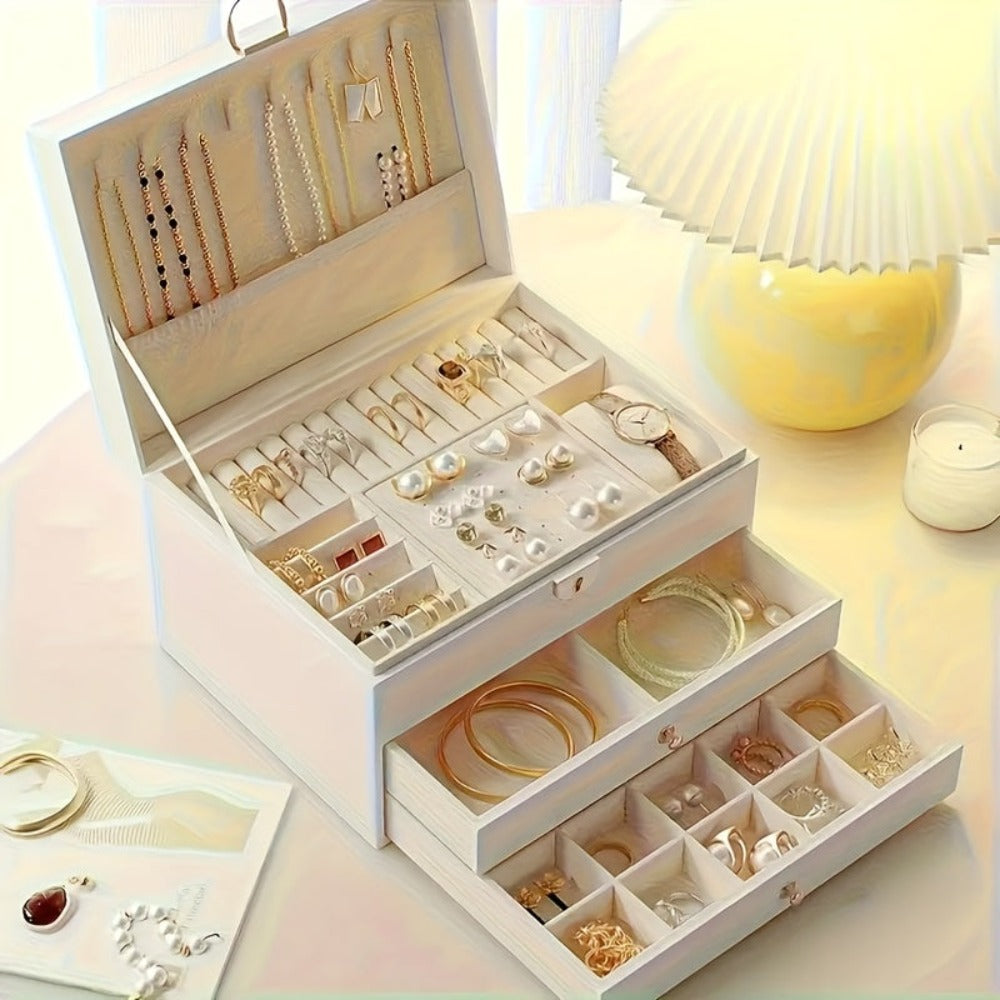 Joyero vintage de gran capacidad de piel sintética de PU con cajones - Múltiples niveles con forro suave, apto para collares, pendientes, anillos, escritorio para dormitorio, regalo de boda, San Valentín, Navidad, Día de la Madre, cajas de 