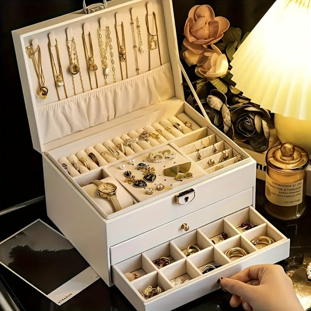 Joyero vintage de gran capacidad de piel sintética de PU con cajones - Múltiples niveles con forro suave, apto para collares, pendientes, anillos, escritorio para dormitorio, regalo de boda, San Valentín, Navidad, Día de la Madre, cajas de 