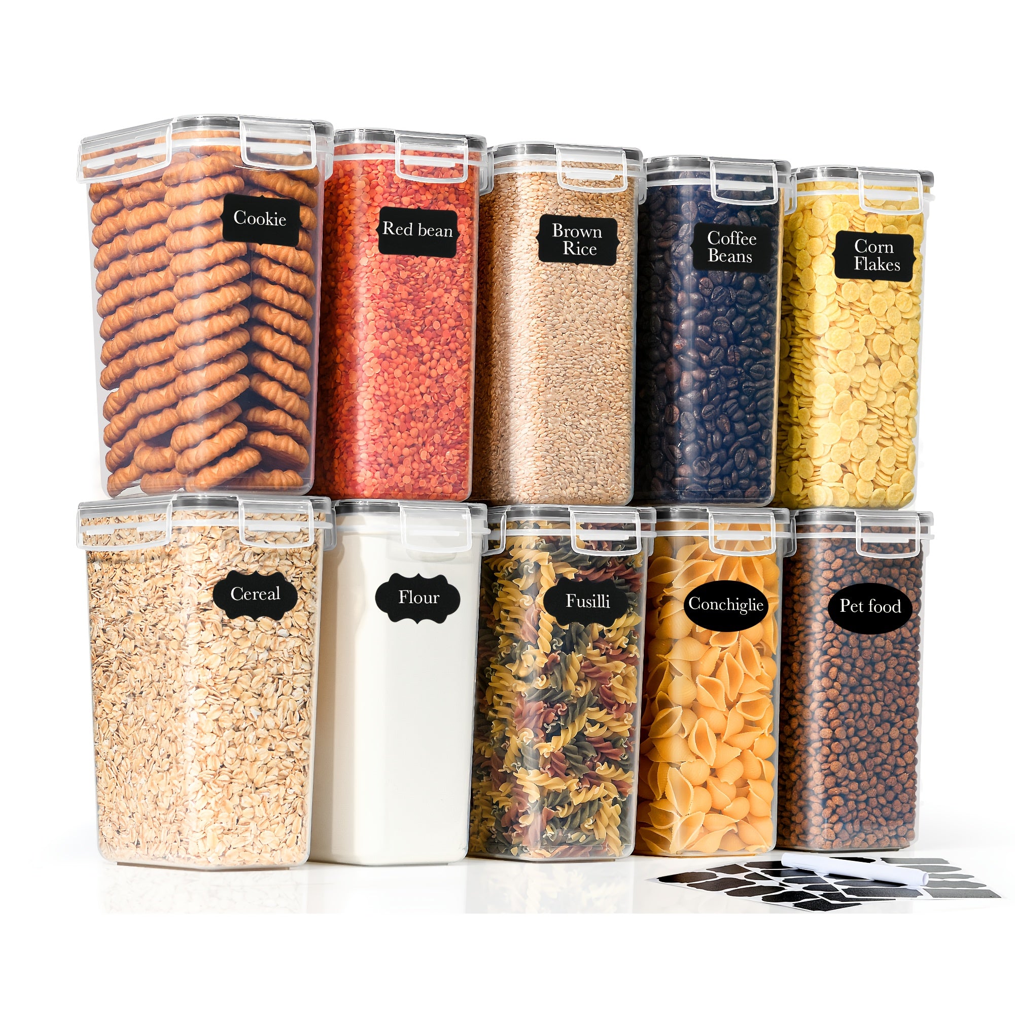 Juego de 10 recipientes de almacenamiento de dos litros: contenedores de alimentos con tapas selladas, accesorios de cocina para almacenar granos, harina, fideos, comida para mascotas y azúcar, aptos para lavavajillas, incluye etiquetas y b