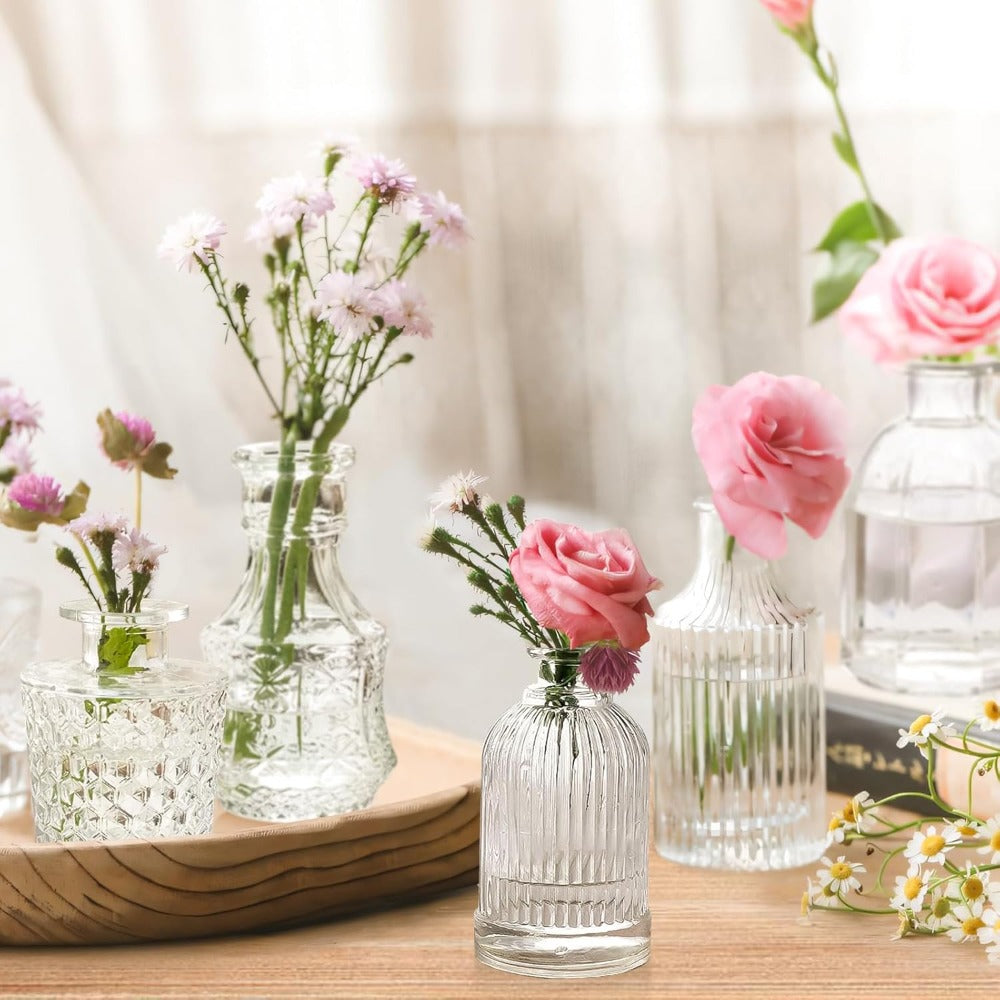 Juego de 12 jarrones de vidrio vintage para arreglos florales, con mini frascos de cristal transparente ideales para centros de mesa, decoración de bodas, uso doméstico y decoraciones para fiestas de flores detail image