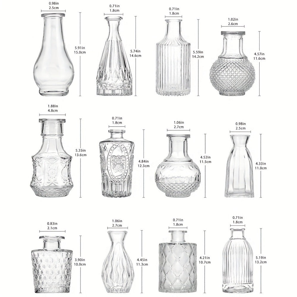 Juego de 12 jarrones de vidrio vintage para arreglos florales, con mini frascos de cristal transparente ideales para centros de mesa, decoración de bodas, uso doméstico y decoraciones para fiestas de flores detail image - detail view 3