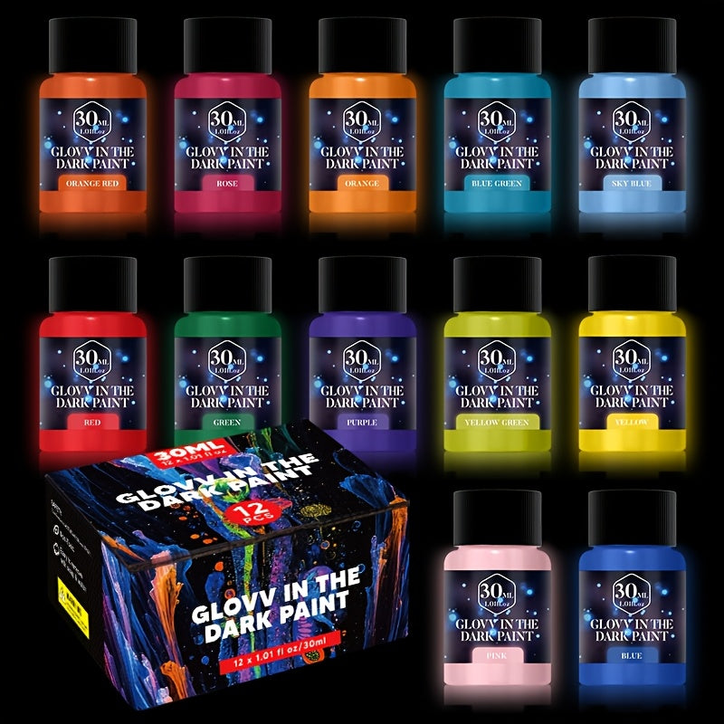 Juego de 12 Piezas de Pintura Acrílica Luminosa, 0.67/1.01/2.03 oz, Colores Brillantes y Luminosos, Pintura Profesional, Colores Ricos, Uniforme y Suave, Adecuada para Diversos Escenarios de Pintura, Suministros para Arte en Cerámica, Regal