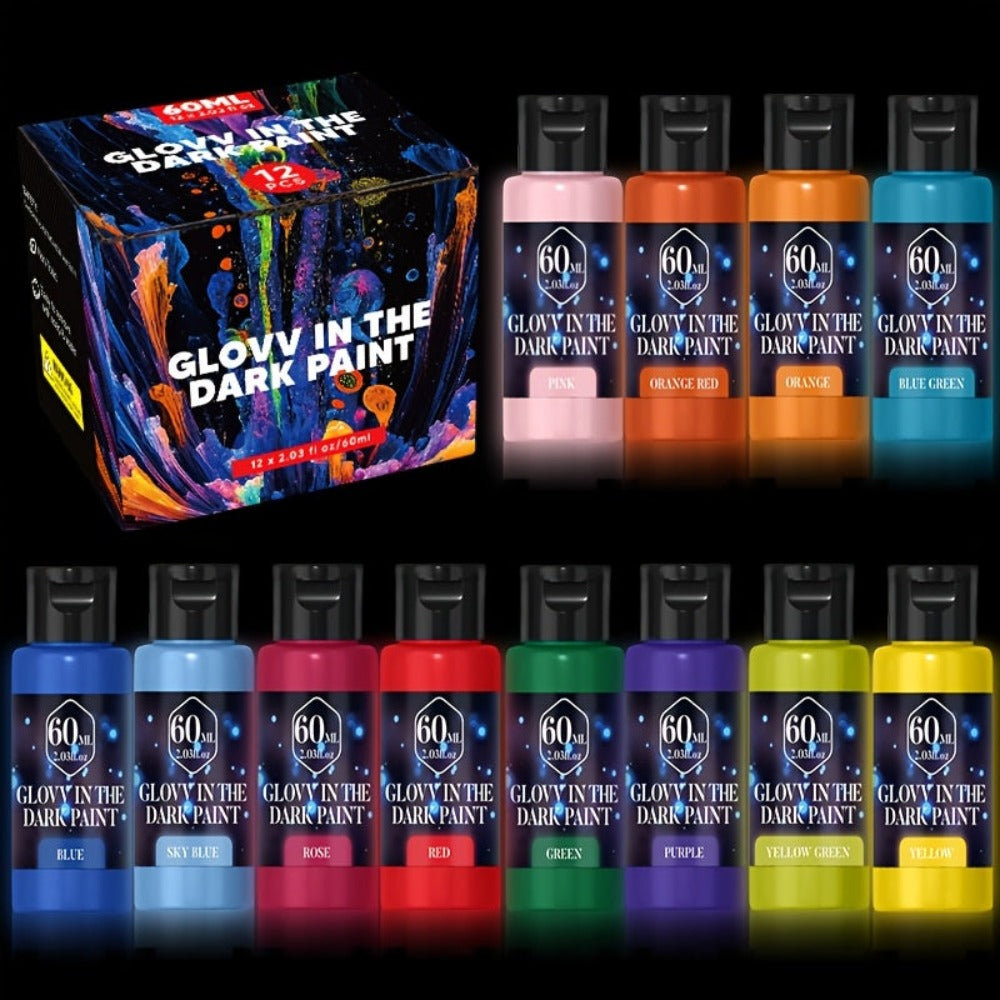 Juego de 12 Piezas de Pintura Acrílica Luminosa, 0.67/1.01/2.03 oz, Colores Brillantes y Luminosos, Pintura Profesional, Colores Ricos, Uniforme y Suave, Adecuada para Diversos Escenarios de Pintura, Suministros para Arte en Cerámica, Regal