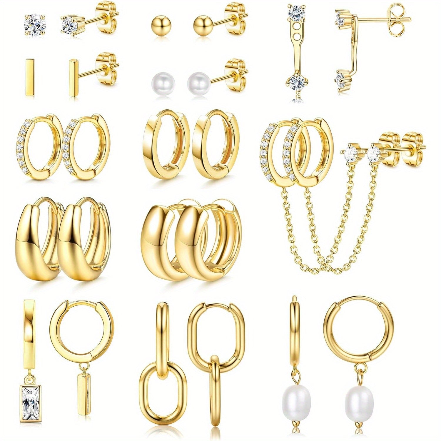 Juego de 13 Pares de Aros Pequeños Dorados para Mujer, Baño en Oro 14K, Ligeros y Hipoalergénicos, Pendientes Delgados Tipo Huggie, Ideal para Regalo variant image - product view 3