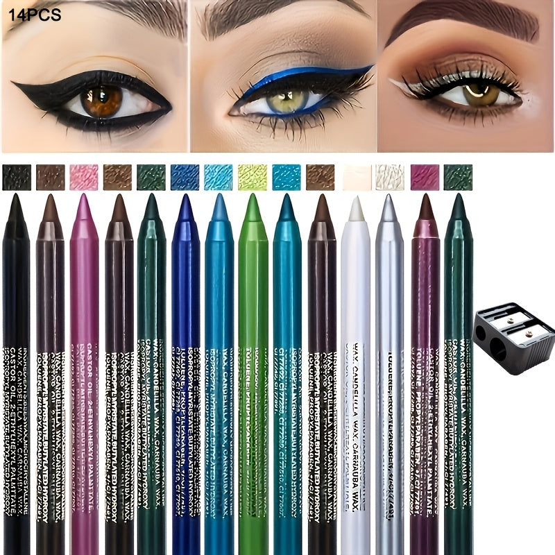 Juego de 14 delineadores de ojos en formato bolígrafo con sacapuntas, lápices delineadores de colores, colores diversos, fáciles de aplicar, bolígrafos de gel delineador esenciales para maquillaje de escenario, de larga duración, impermeabl