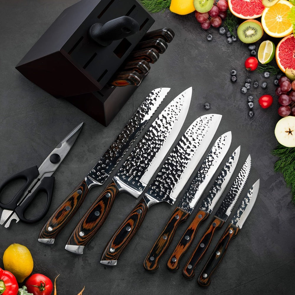 Juego de 15 cuchillos de chef con cuchillo de cocina, afilador, bloque de madera, cuchillos de acero inoxidable de alto carbono y mangos de madera coloridos detail image
