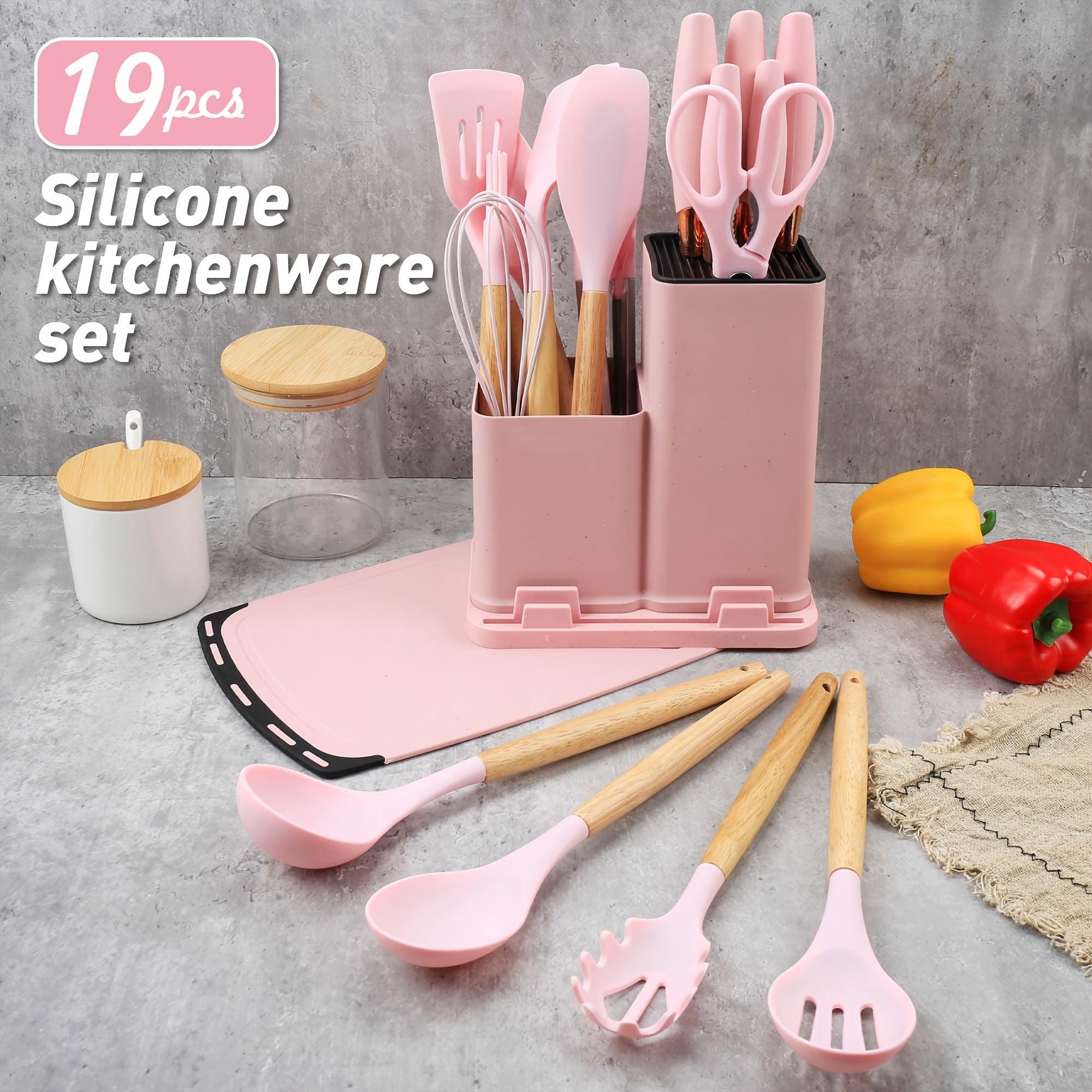 Juego de 19 piezas, Cuchillo de cocina, Juego de cocina, Juego de utensilios de cocina (Con mangos de madera), Juego de cocina de seguridad, Juego de herramientas de cocina antiadherentes, Utensilios de cocina modernos lavables, Utensilios 