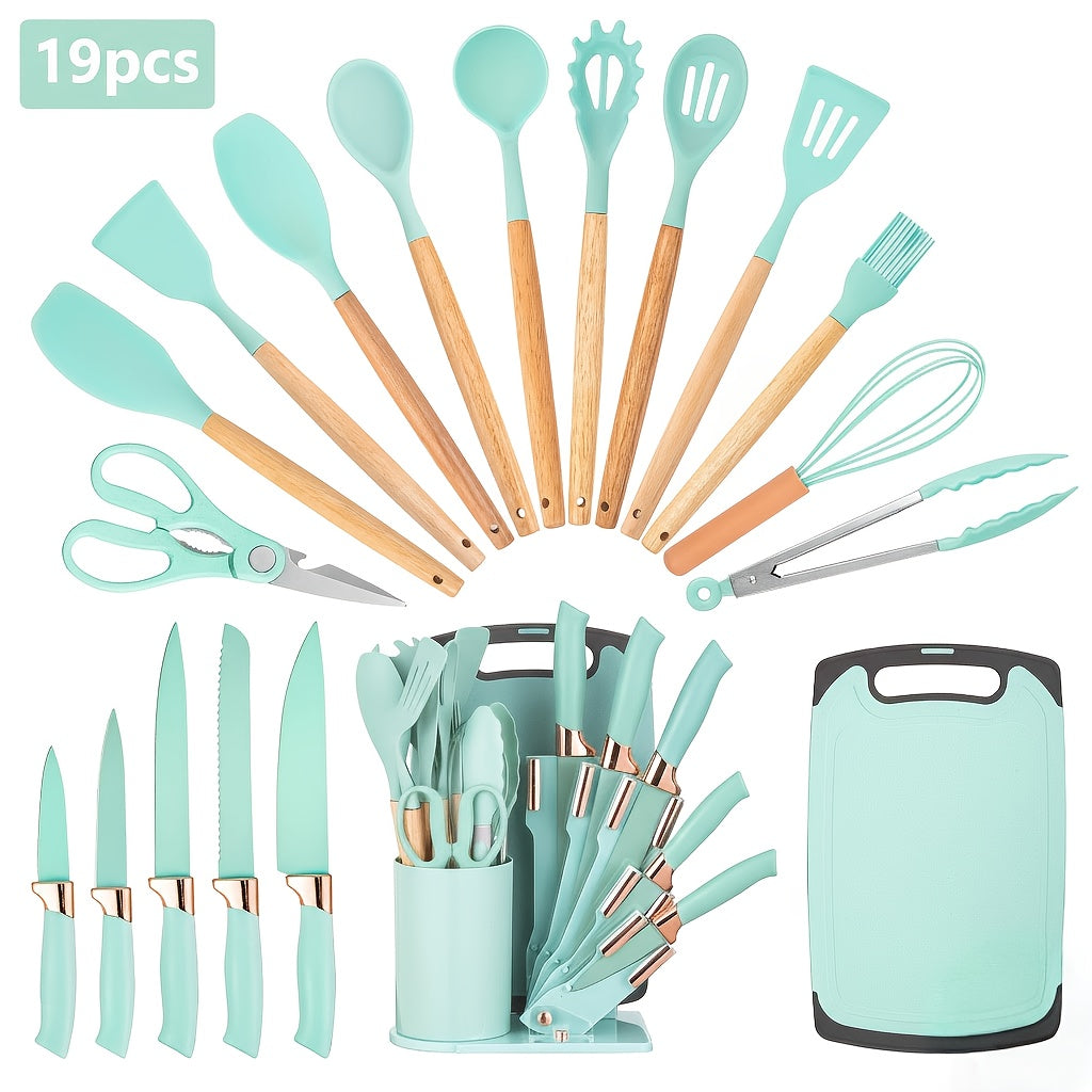 Juego de 19 Piezas de Cuchillos de Cocina con Bloque de Ventilación en Varios Colores. Incluye Cuchillo de Chef, Cuchillo de Carnicería, Cuchillo para Pan, Cuchillo Multiusos, Cuchillo para Frutas y Herramientas de Cocina. Hojas de Acero In