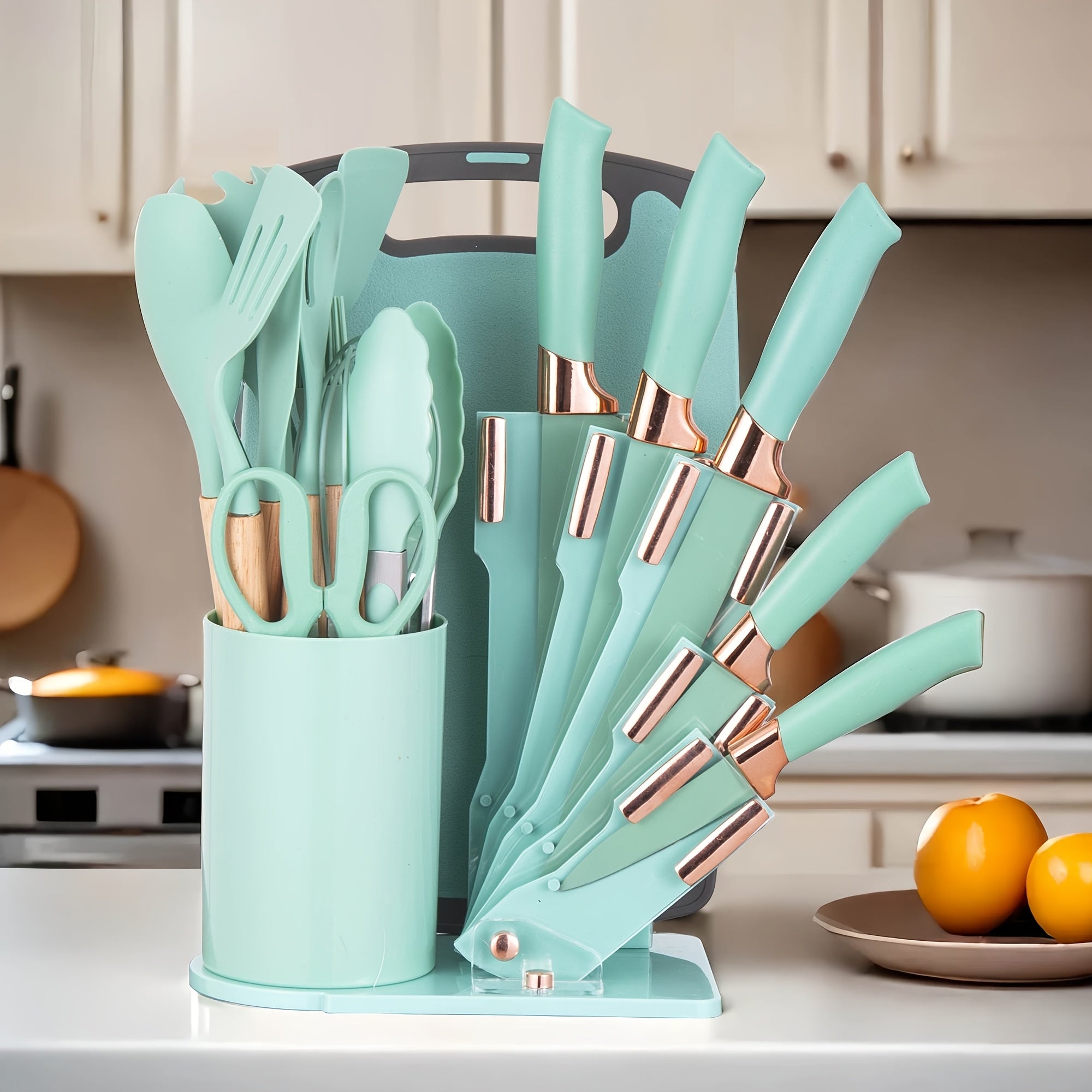 Juego de 19 Piezas de Cuchillos de Cocina con Bloque de Ventilación en Varios Colores. Incluye Cuchillo de Chef, Cuchillo de Carnicería, Cuchillo para Pan, Cuchillo Multiusos, Cuchillo para Frutas y Herramientas de Cocina. Hojas de Acero In