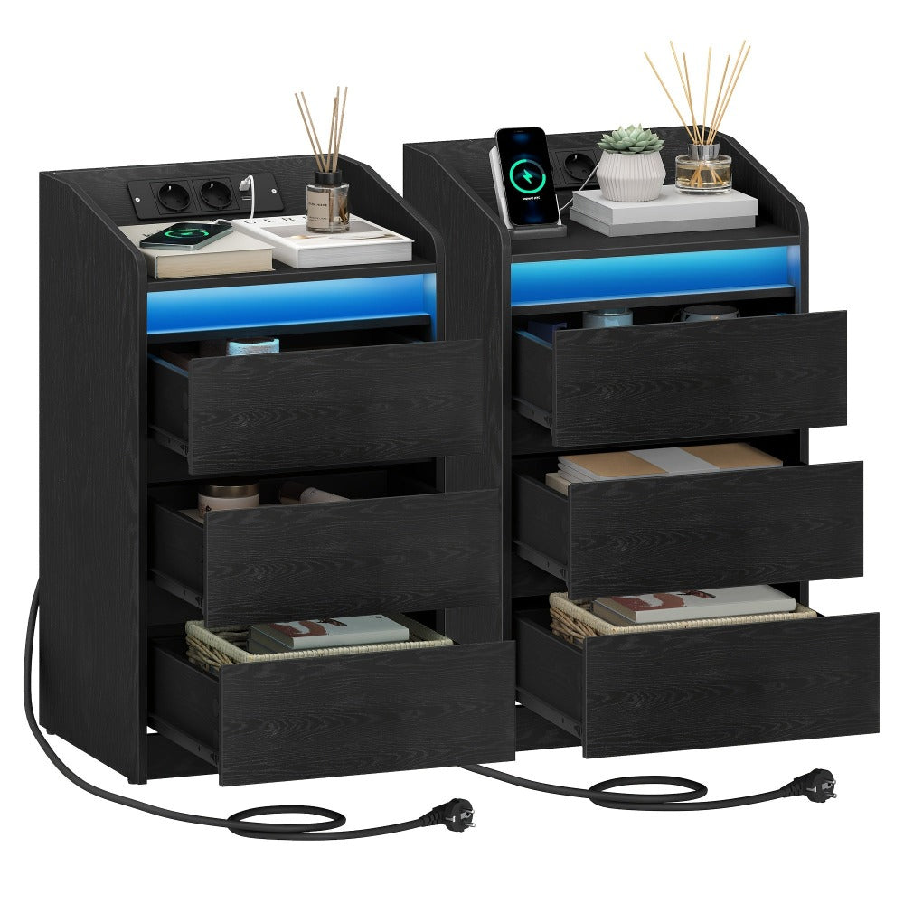Juego de 2 Cajoneras con 3 Cajones, Mesa Auxiliar con Estación de Carga y LED, 2 Tomas de Corriente y 2 Puertos USB, Almacenamiento para Dormitorio, Libros y Artículos Varios en Sala y Dormitorio, Organización y Almacenamiento, Unidades de 
